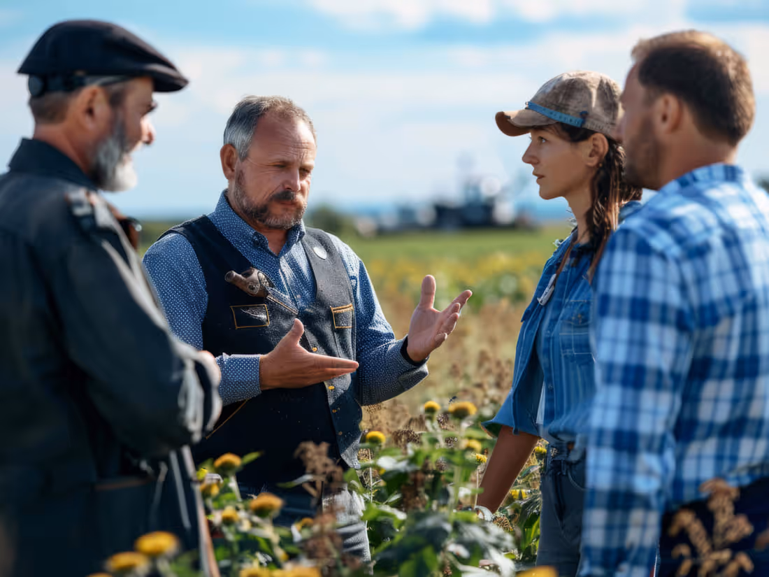 A group of farmers talking together at the edge of a field