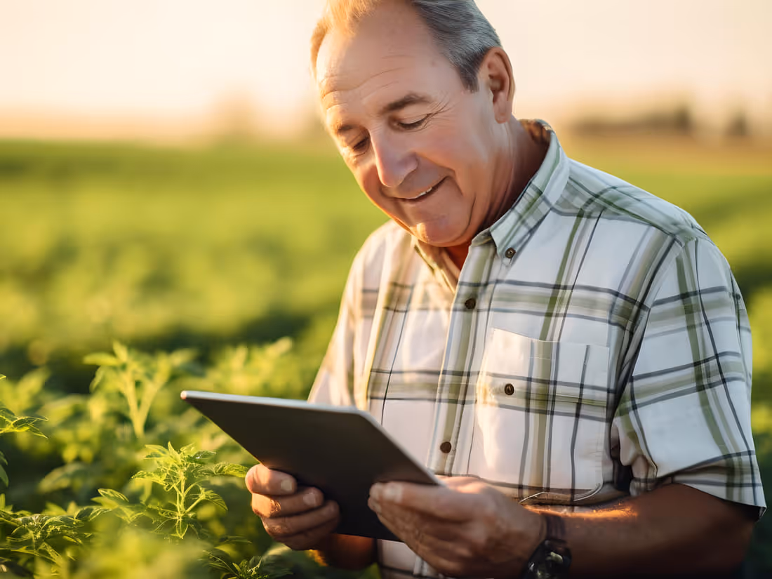 A grower reviewing data on a tablet in a field of young crops