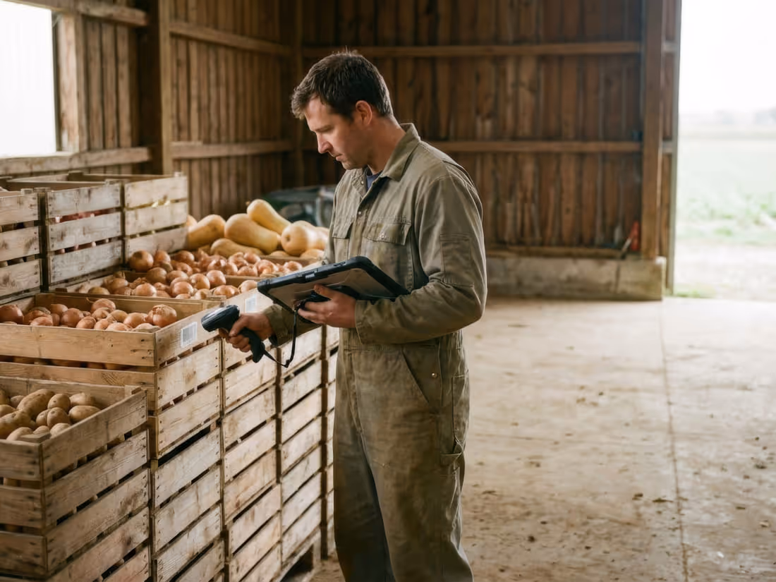 A grower checking a tablet beside stacked crates of harvested produce in a barn