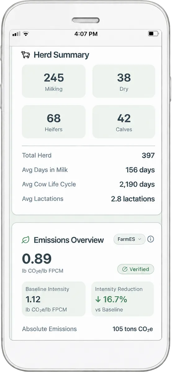 The Nibbana mobile app showing a herd summary and emissions overview
